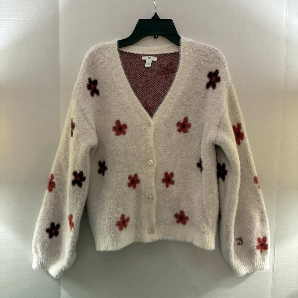 Dip Cardigan Sweater Womens L 10-12 White Floral Fuzzy Eyelash Knit Flower Cozy